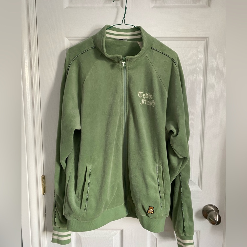 Teddy Fresh Velour Full Zip Track lined Jacket Mens Size Large Light Green